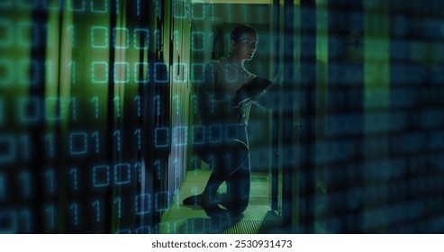 Image of binary coding data processing over caucasian female it engineer by computer servers. Global data processing, servers and cloud computing concept digitally generated image.