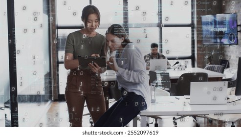 Image of binary coding data processing over diverse business people in office. Global finance, business, connections, computing and data processing concept digitally generated image.