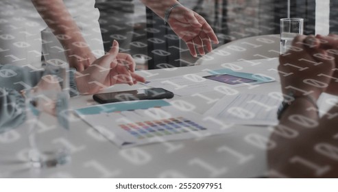 Image of binary coding data processing over diverse business people in office. Global finance, business, connections, computing and data processing concept digitally generated image.