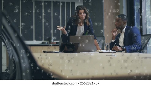 Image of binary coding data processing over diverse business people in office. Global finance, business, connections, computing and data processing concept digitally generated image.