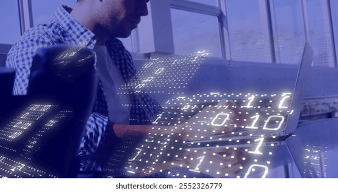 Image of binary coding data processing over caucasian businessman using laptop in office. Global finance, business, connections, computing and data processing concept digitally generated image.