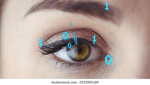 Image of binary coding data processing over close up of woman's eye. Global online identity, business, connections, computing and data processing concept digitally generated image.