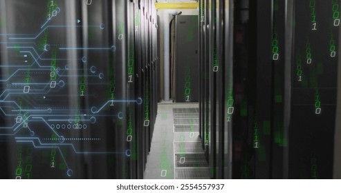 Image of binary coding and data processing over computer servers. Global connections, computing and data processing concept digitally generated image.