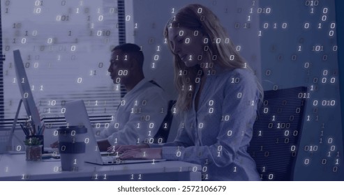 Image of binary coding data processing over diverse business people in office. Global finance, business, connections, computing and data processing concept digitally generated image.