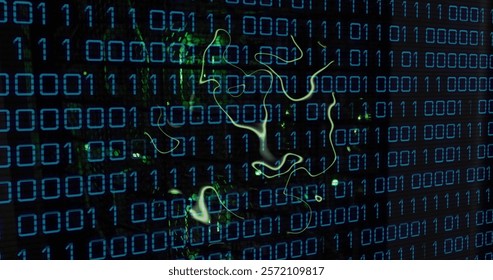 Image of binary coding data processing over computer servers. Global artificial intelligence, connections, computing and data processing concept digitally generated image.