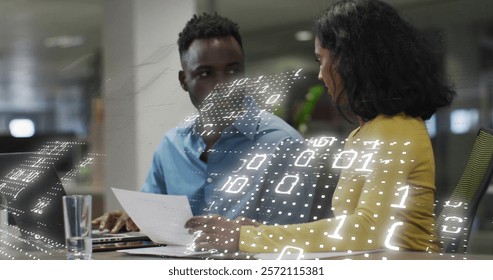 Image of binary coding data processing over diverse business people in office. Global finance, business, connections, computing and data processing concept digitally generated image.