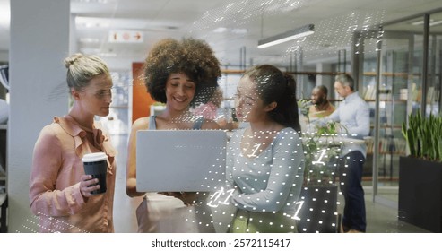 Image of binary coding data processing over diverse business people in office. Global finance, business, connections, computing and data processing concept digitally generated image.