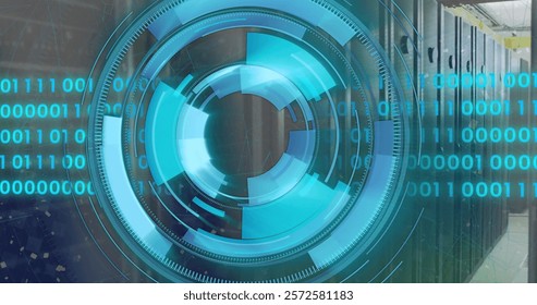 Image of binary coding data processing and scope over computer servers. Global connections, computing and data processing concept digitally generated image.