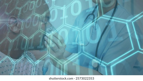 Image of binary coding data processing over diverse female doctor and male patient. Global medicine, healthcare, connections, computing and data processing concept digitally generated image.