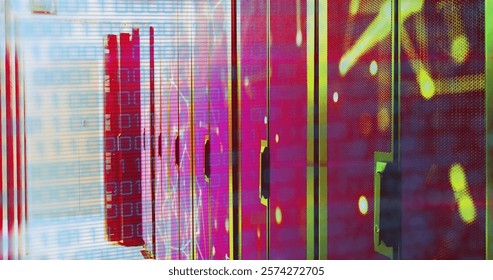 Image of binary coding data processing over networks of connections and computer servers. Global connections, computing and data processing concept digitally generated image.