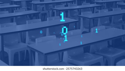 Image of binary coding data processing over desks and blue background. Global connections, computing and data processing concept digitally generated image.