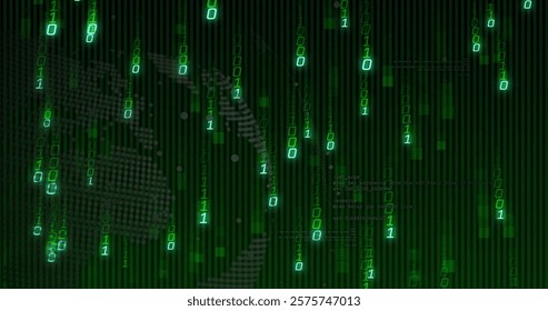 Image of binary coding and data processing over globe. Global connections, computing and data processing concept digitally generated image.