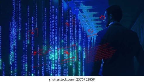 Image of binary coding and data processing over businessman by computer servers. Global cyber security, connections, cloud computing and data processing concept digitally generated image.