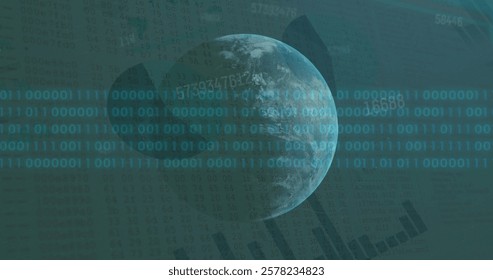 Image of binary coding and data processing over globe. Global connections, computing and data processing concept digitally generated image.