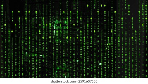 Image of binary coding and data processing over black background. Global business, connections, computing and data processing concept digitally generated image.