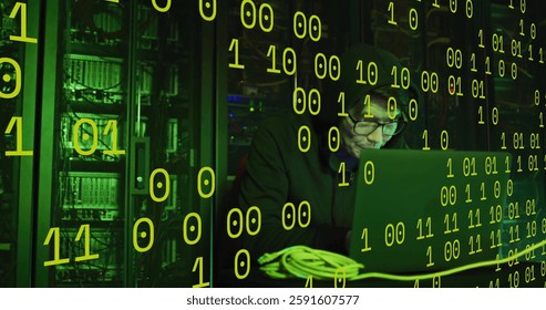 Image of binary coding and data processing over asian male hacker by computer servers. Global business, connections, computing and data processing concept digitally generated image.