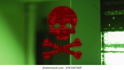 Image of binary coding and data processing over skull and bones by computer servers. Global business, connections, computing and data processing concept digitally generated image.