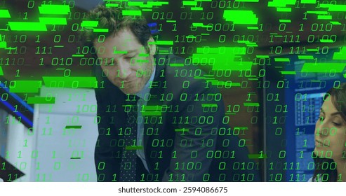 Image of binary coding data processing over diverse business people in office. Global finance, business, connections, computing and data processing concept digitally generated image.