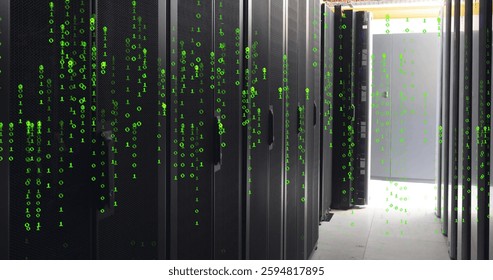 Image of binary coding data processing over computer servers. Global finance, business, connections, computing and data processing concept digitally generated image.