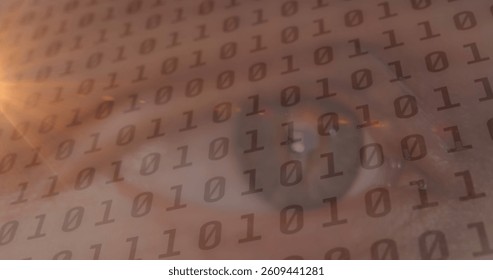Image of binary coding data processing over woman's eye. global connection, data processing and digital interface concept digitally generated image.