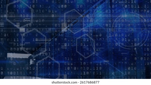 Image of binary coding data processing over computer servers in background. global internet security, data processing and digital interface concept digitally generated image.