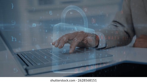 Image of binary coding data processing over man using laptop. Global business digital interface technology and networking concept digitally generated image.
