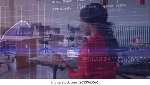 Image of binary coding and data processing over businesswoman in office. Business, finance, data processing and networking concept digitally generated image.