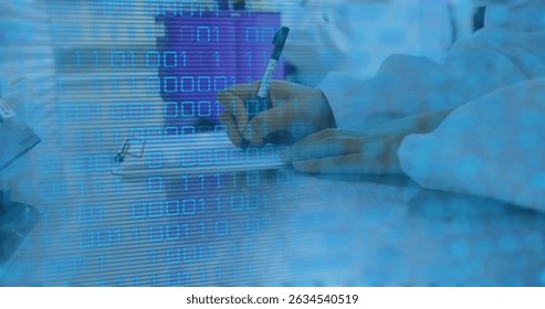 Image of binary coding data processing over mid section of scientist taking notes at laboratory. Medical research and science technology concept - Powered by Shutterstock - Get 15% off with code: PIKWIZARD15