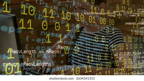Image of binary coding and data processing against caucasian girl using computer at school. School and education technology concept - Powered by Shutterstock - Get 15% off with code: PIKWIZARD15