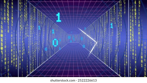 Image of binary coding and digital data processing over computer servers. Global artificial intelligence, connections, computing and data processing concept digitally generated image.