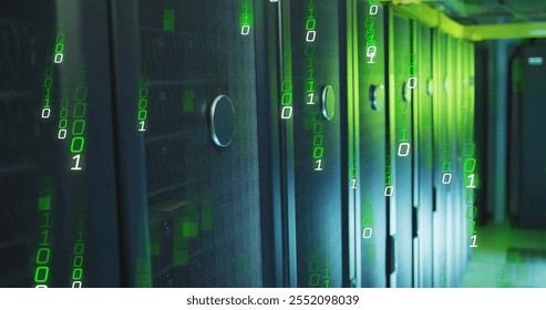 Image of binary coding digital data processing over computer servers. Global connections, computing and data processing concept digitally generated image.