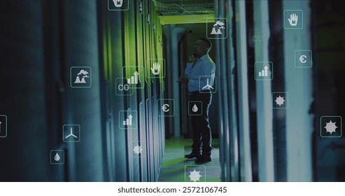 Image of binary coding and digital data processing over computer servers. Global cyber security, finance, business, connections, computing and data processing concept digitally generated image.