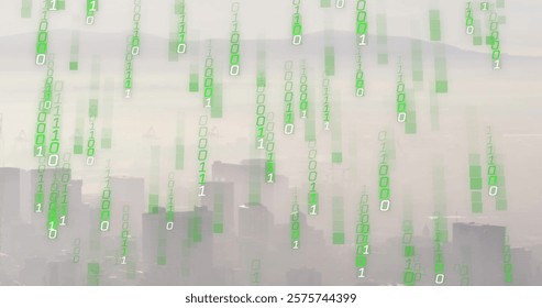 Image of binary coding and digital data processing over cityscape. Global connections, computing and data processing concept digitally generated image.