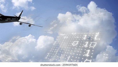 Image of binary coding digital data processing over plane and clouds. Global connections, computing and data processing concept digitally generated image.
