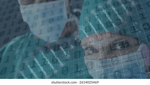 Image of binary coding and dna strand over caucasian nurse with face mask. medical and healthcare services concept digitally generated image.