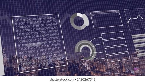 Image of binary coding and financial data processing over city. Global business, finances, computing and data processing concept digitally generated image.