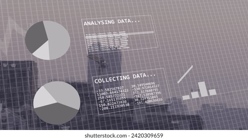 Image of binary coding and financial data processing over city. Global business, finances, computing and data processing concept digitally generated image.