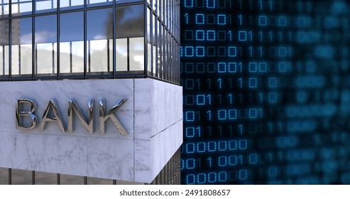Image of binary coding, financial data processing over bank building. Global finance, business, connections, computing and data processing concept digitally generated image. - Powered by Shutterstock - Get 15% off with code: PIKWIZARD15