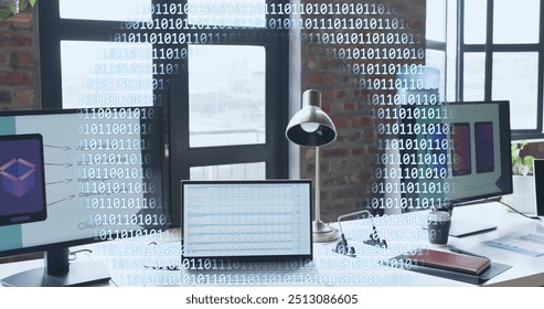 Image of binary coding, globe and data processing over computers on desks in office. Global finance, business, connections, computing and data processing concept digitally generated image.