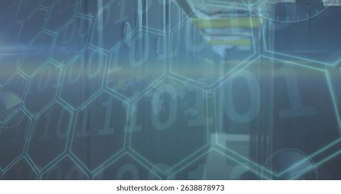 Image of binary coding, hexagons and data processing over computer servers in background. Global networks, data processing, digital interface and connections concept digitally generated image.