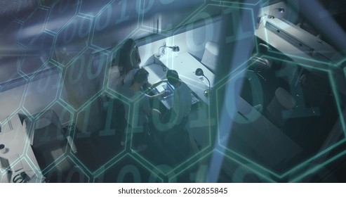 Image of binary coding and hexagons over team of people using laptop. digital interface global connection and finance concept digitally generated image. - Powered by Shutterstock - Get 15% off with code: PIKWIZARD15
