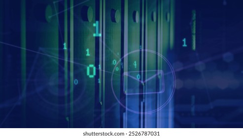 Image of binary coding and network of digital icons against empty computer server room. Business data storage technology concept