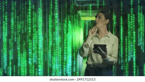 Image of binary coding over caucasian woman by computer servers. Global computing, digital interface and data processing concept digitally generated image.