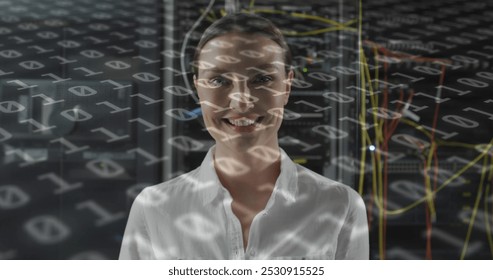 Image of binary coding over caucasian female it engineer with tablet checking computer servers. data processing, cloud computing concept and technology concept digitally generated image. - Powered by Shutterstock