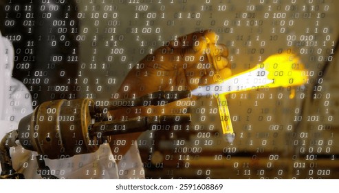 Image of binary coding over caucasian scientist heating sample in lab. Global science and digital interface concept digitally generated image.