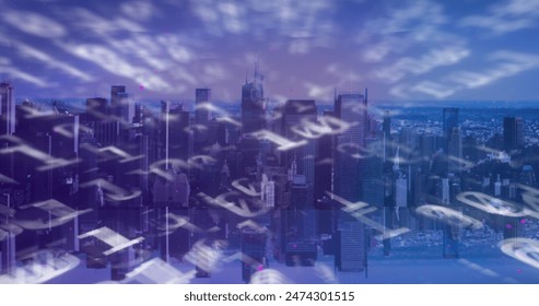 Image of binary coding over cityscape. global business, finances, digital interface and connections concept digitally generated image.