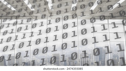 Image of binary coding over cityscape. global business, finances, digital interface and connections concept digitally generated image.
