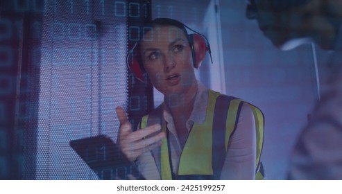 Image of binary coding over diverse people in server room. global technology, computing and digital interface concept digitally generated image.