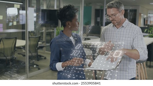 Image of binary coding over diverse colleagues discussing work. Business, technology and digital interface concept digitally generated image. - Powered by Shutterstock