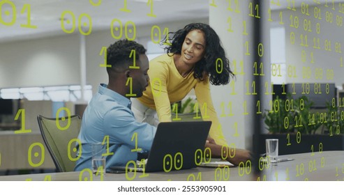 Image of binary coding over diverse colleagues discussing work. Business, technology and digital interface concept digitally generated image.